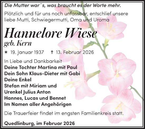 Traueranzeige von Hannelore Wiese von Trauerkombi Quedlinburg