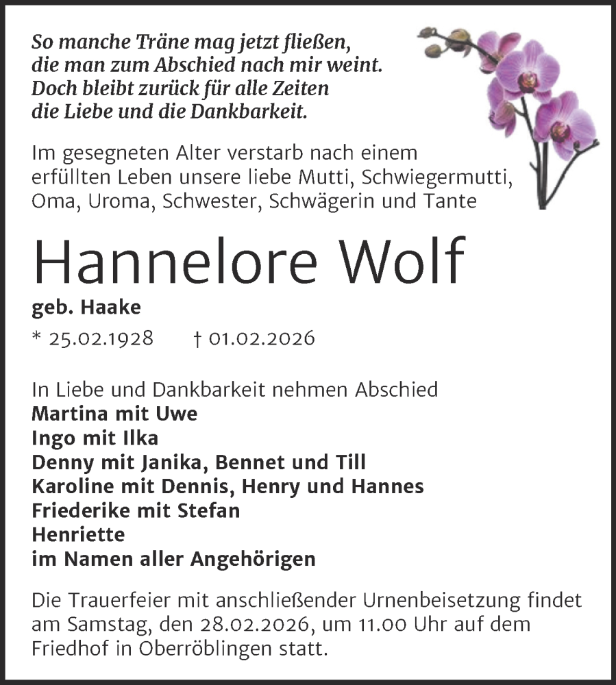  Traueranzeige für Hannelore Wolf vom 07.02.2026 aus Trauerkombi Sangerhausen