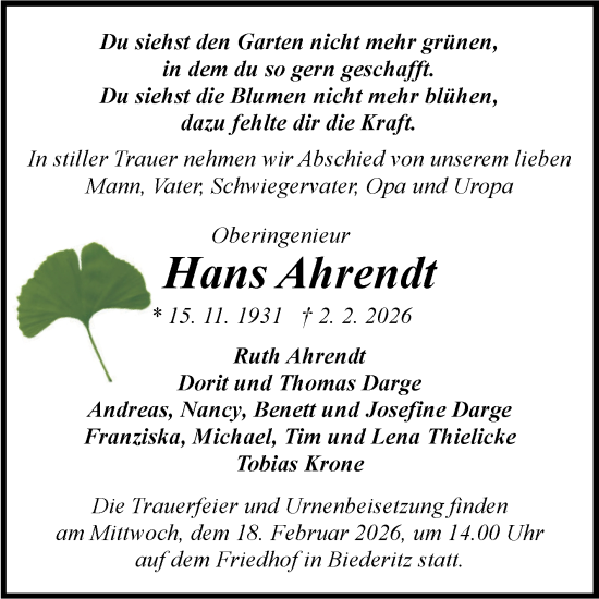 Traueranzeige von Hans Ahrendt von Volksstimme Magdeburg
