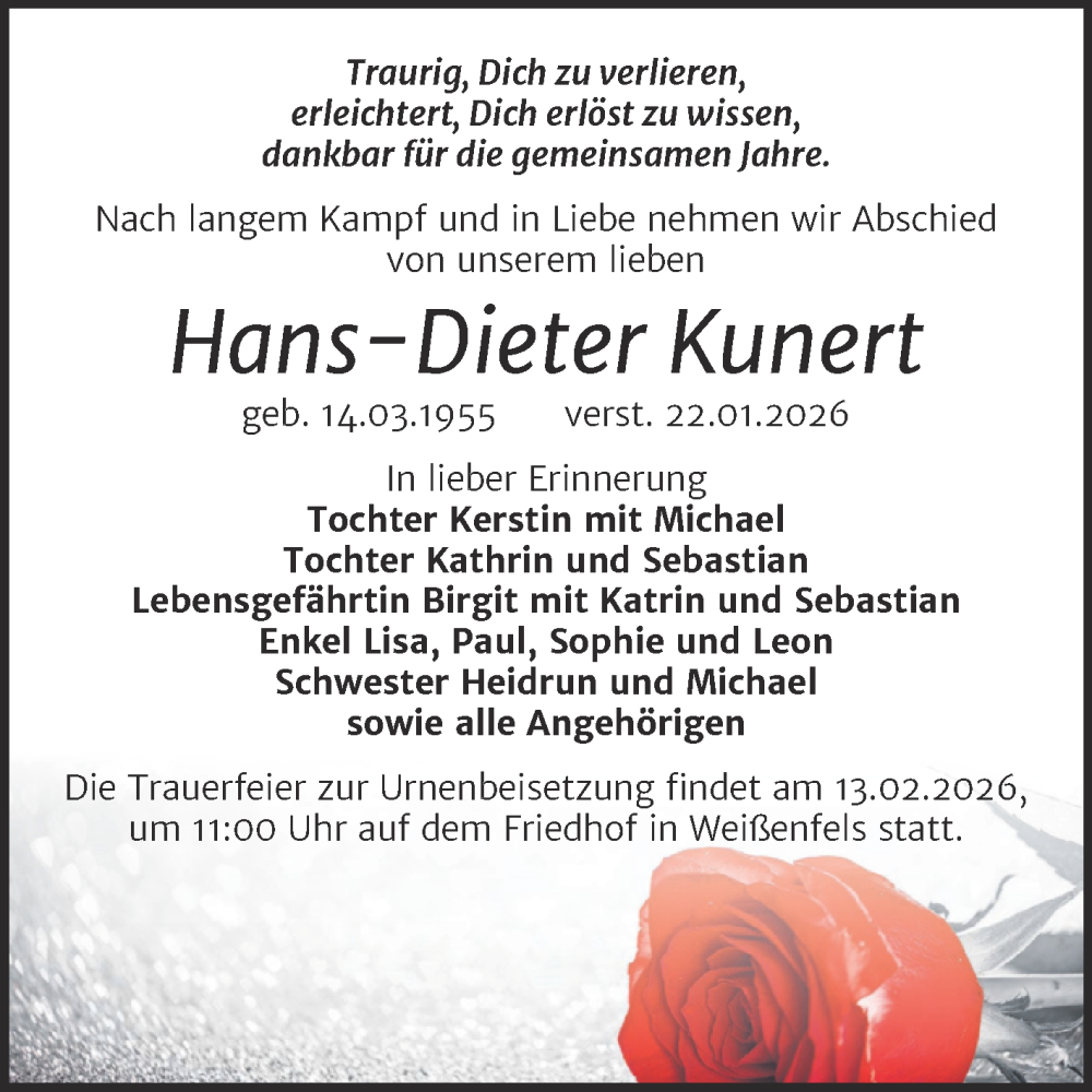  Traueranzeige für Hans-Dieter Kunert vom 07.02.2026 aus Trauerkombi Weißenfels