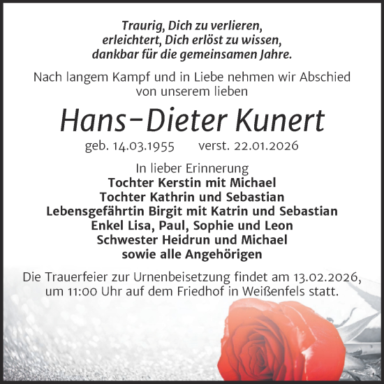 Traueranzeige von Hans-Dieter Kunert von Trauerkombi Weißenfels