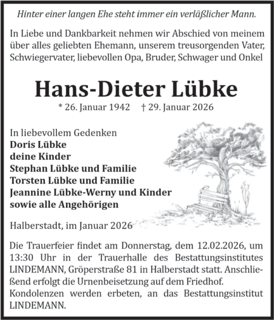Traueranzeige von Hans-Dieter Lübke von Volksstimme Halberstadt