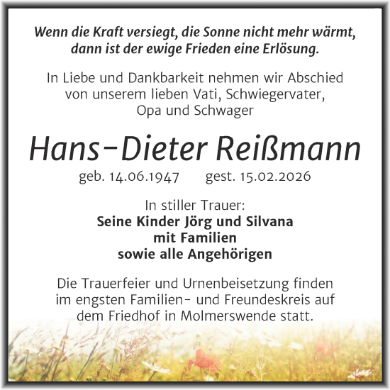 Traueranzeige von Hans-Dieter Reißmann von Trauerkombi Mansfelder Land
