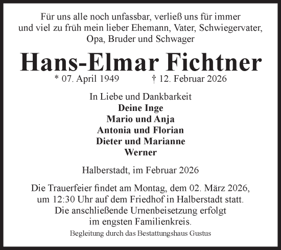 Traueranzeige von Hans-Elmar Fichtner von Volksstimme Halberstadt