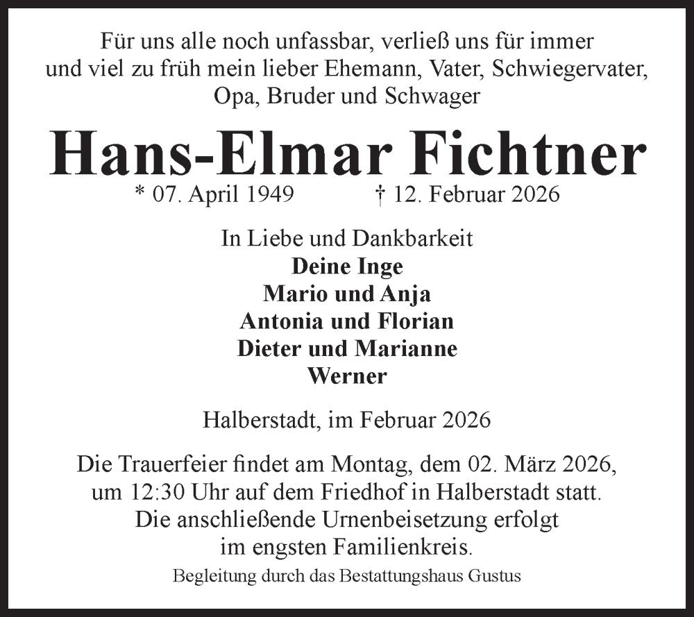  Traueranzeige für Hans-Elmar Fichtner vom 21.02.2026 aus Volksstimme Halberstadt