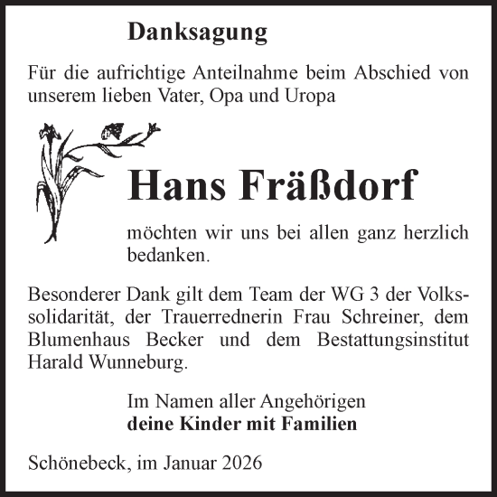 Traueranzeige von Hans Fräßdorf von Volksstimme Schönebeck