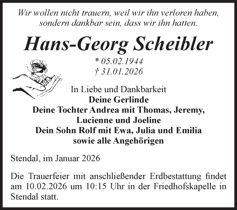  Traueranzeige für Hans-Georg Scheibler vom 04.02.2026 aus Volksstimme Altmark Ost