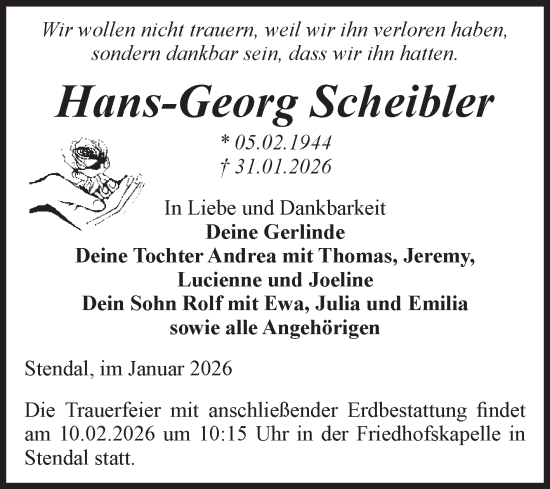 Traueranzeige von Hans-Georg Scheibler von Volksstimme Altmark Ost