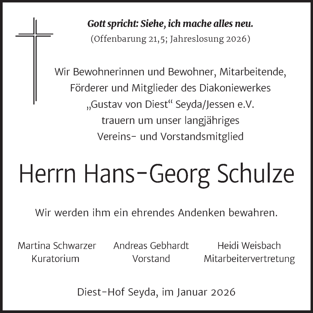 Traueranzeige für Hans-Georg Schulze vom 03.02.2026 aus 