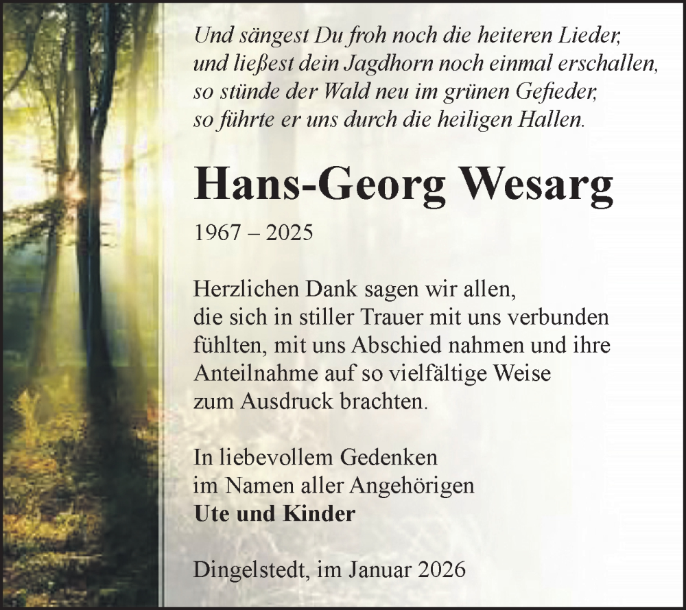  Traueranzeige für Hans-Georg Wesarg vom 07.02.2026 aus Volksstimme Halberstadt