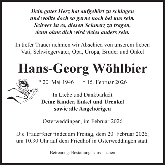 Traueranzeige von Hans-Georg Wöhlbier von Volksstimme Oschersleben/Wanzleben