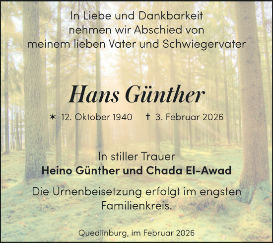 Traueranzeige von Hans Günther von Trauerkombi Quedlinburg