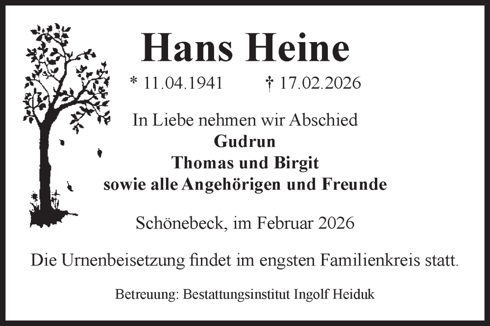  Traueranzeige für Hans Heine vom 21.02.2026 aus Volksstimme Schönebeck