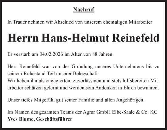Traueranzeige von Hans-Helmut Reinefeld von Volksstimme Schönebeck
