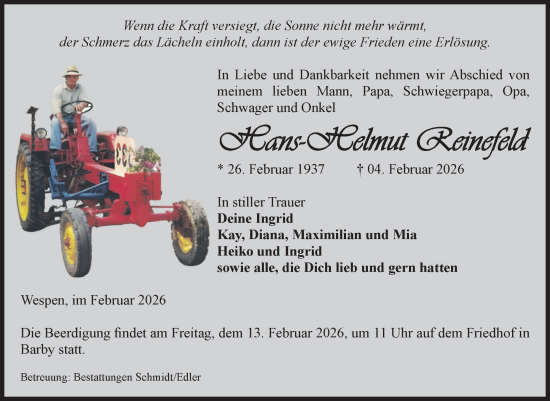 Traueranzeige von Hans-Helmut Reinefeld von Volksstimme Schönebeck