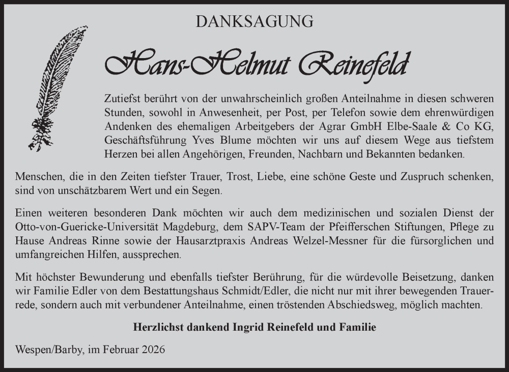  Traueranzeige für Hans-Helmut Reinefeld vom 21.02.2026 aus Volksstimme Schönebeck