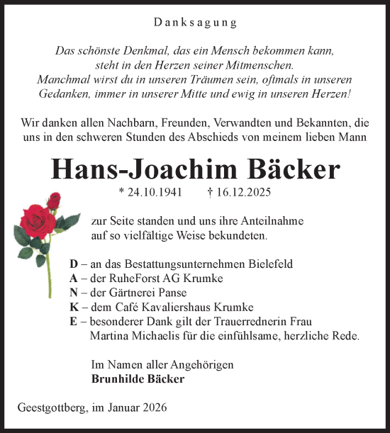 Traueranzeige von Hans-Joachim Bäcker von Volksstimme Altmark Ost