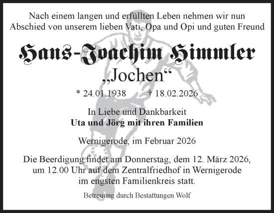 Traueranzeige von Hans-Joachim Himmler von Volksstimme Wernigerode