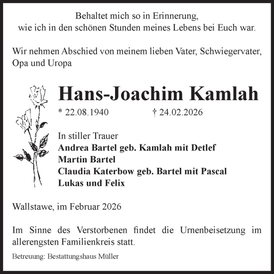 Traueranzeige von Hans-Joachim Kamlah von Volksstimme Altmark West