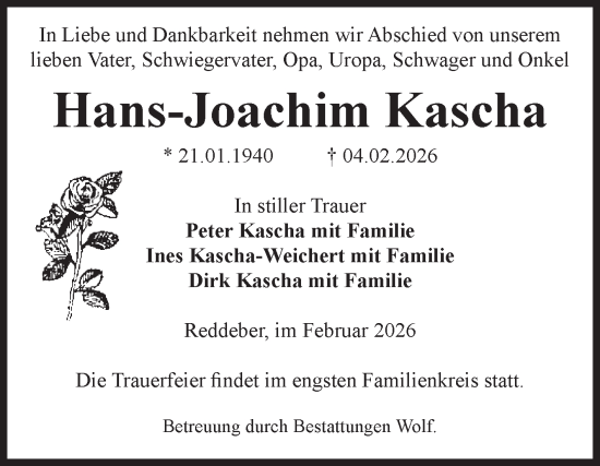 Traueranzeige von Hans-Joachim Kascha von Volksstimme Wernigerode