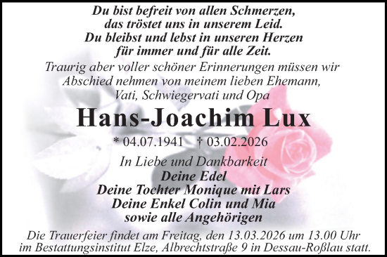 Traueranzeige von Hans-Joachim Lux von Trauerkombi Dessau