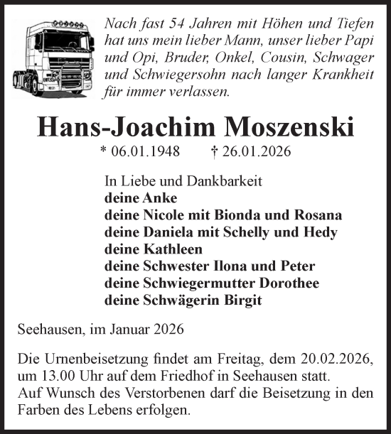 Traueranzeige von Hans-Joachim Moszenski von Volksstimme Altmark Ost