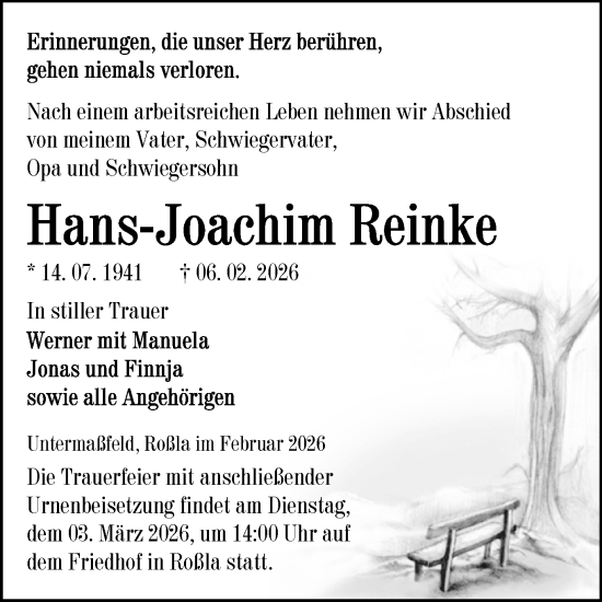 Traueranzeige von Hans-Joachim Reinke von Trauerkombi Sangerhausen