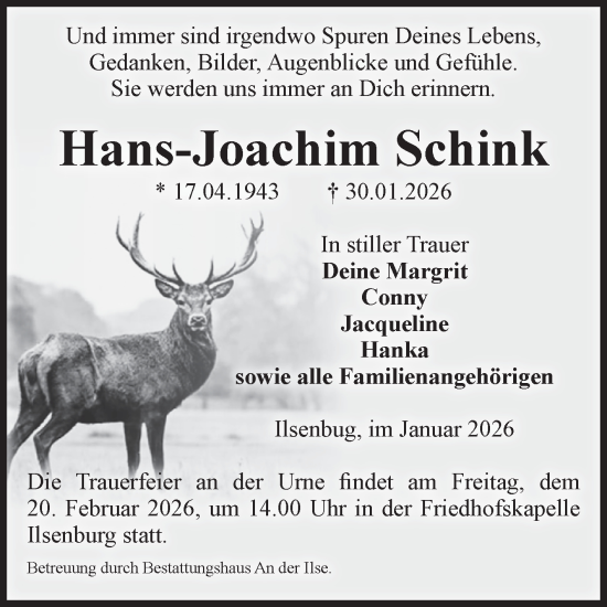 Traueranzeige von Hans-Joachim Schink von Volksstimme Wernigerode