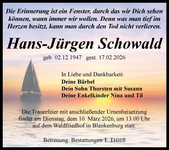 Traueranzeige von Hans-Jürgen Schowald von Volksstimme Wernigerode