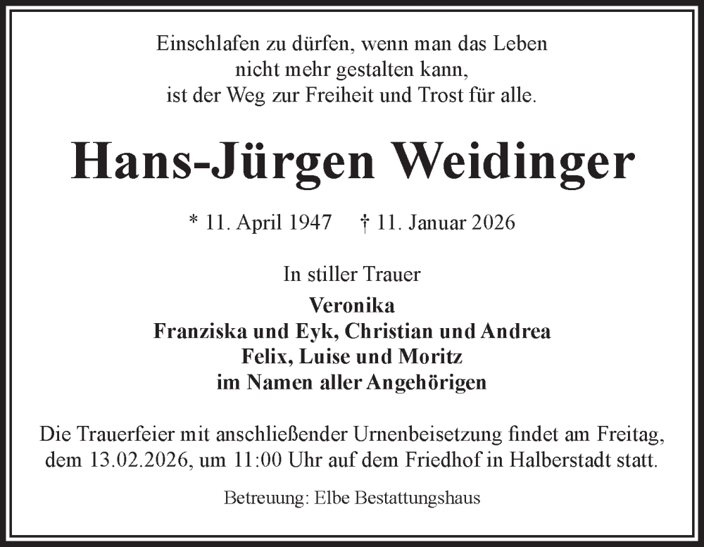  Traueranzeige für Hans-Jürgen Weidinger vom 07.02.2026 aus Volksstimme Halberstadt