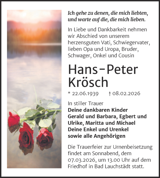 Traueranzeige von Hans-Peter Krösch von Trauerkombi Merseburg