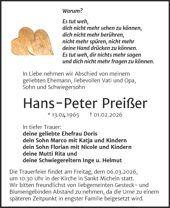 Traueranzeige von Hans-Peter Preißer von Trauerkombi Merseburg