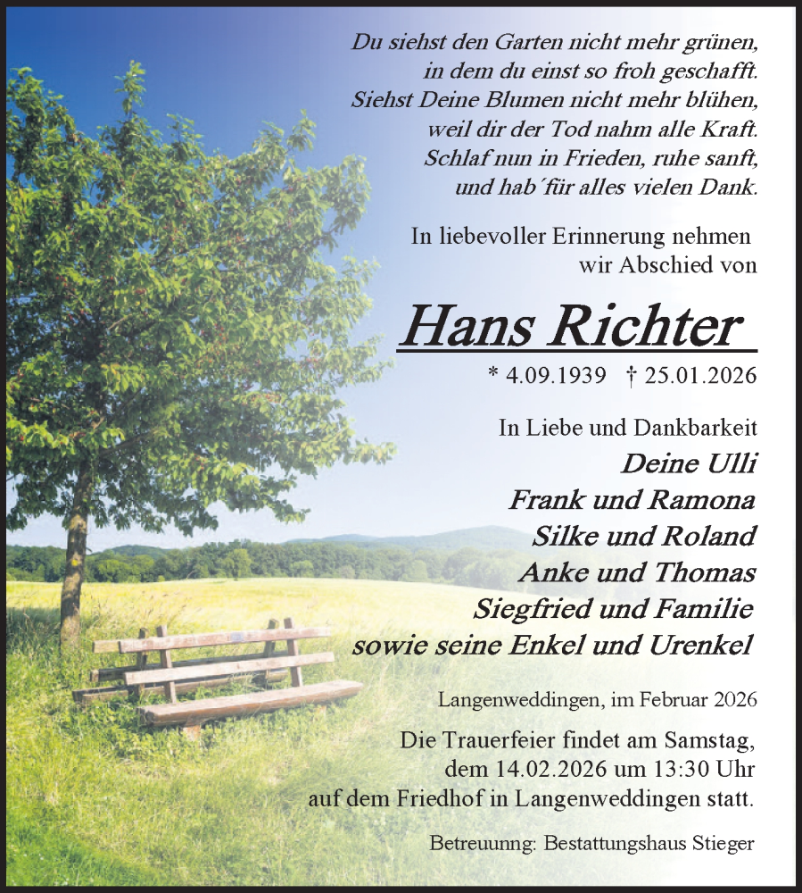  Traueranzeige für Hans Richter vom 07.02.2026 aus Volksstimme Oschersleben/Wanzleben