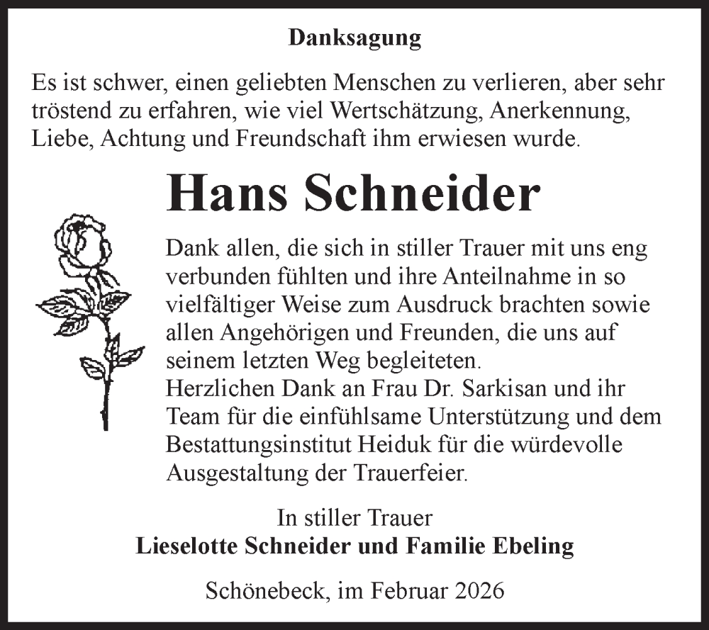  Traueranzeige für Hans Schneider vom 28.02.2026 aus Volksstimme Schönebeck