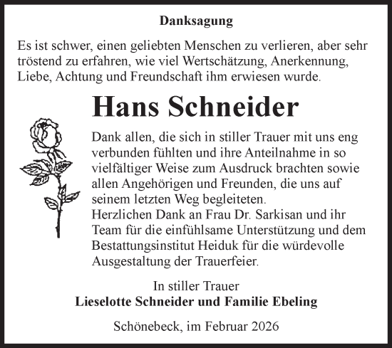 Traueranzeige von Hans Schneider von Volksstimme Schönebeck