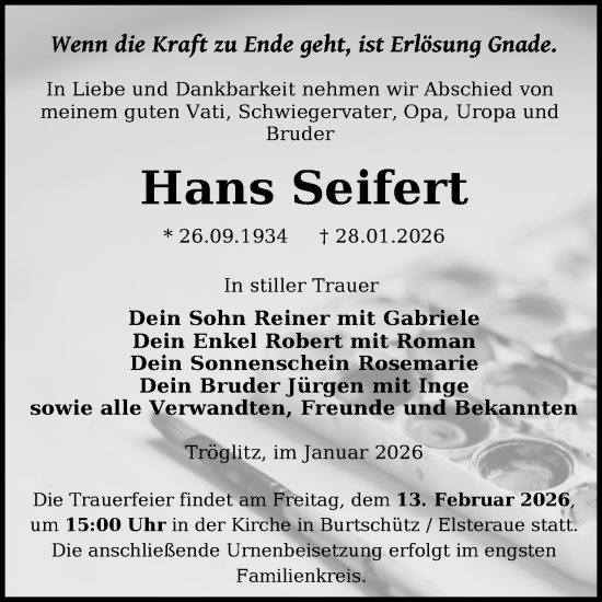 Traueranzeige von Hans Seifert von Trauerkombi Zeitz