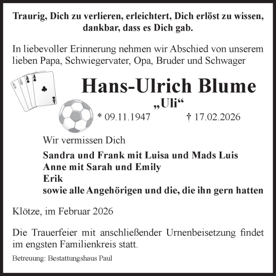Traueranzeige von Hans-Ulrich Blume von Volksstimme Altmark West