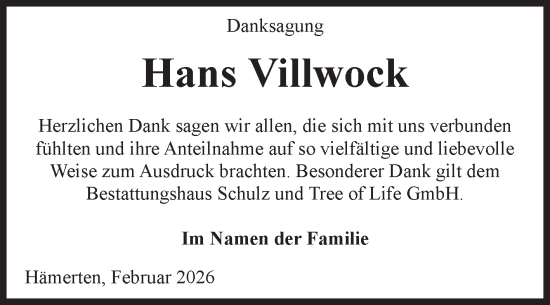 Traueranzeige von Hans Villwock von Volksstimme Altmark Ost