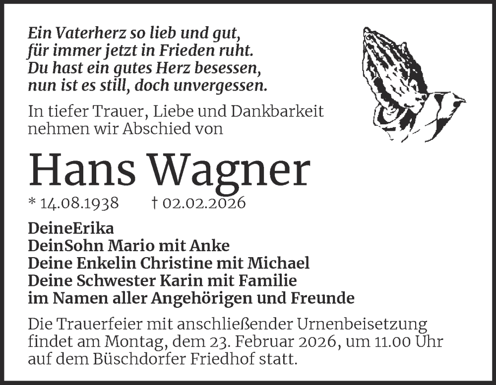  Traueranzeige für Hans Wagner vom 14.02.2026 aus Mitteldeutsche Zeitung Halle/Saalkreis