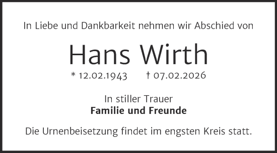 Traueranzeige von Hans Wirth von Trauerkombi Bernburg
