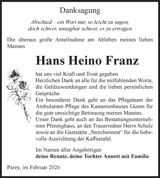 Traueranzeige von Hans Heino Franz von Volksstimme Burg/Genthin