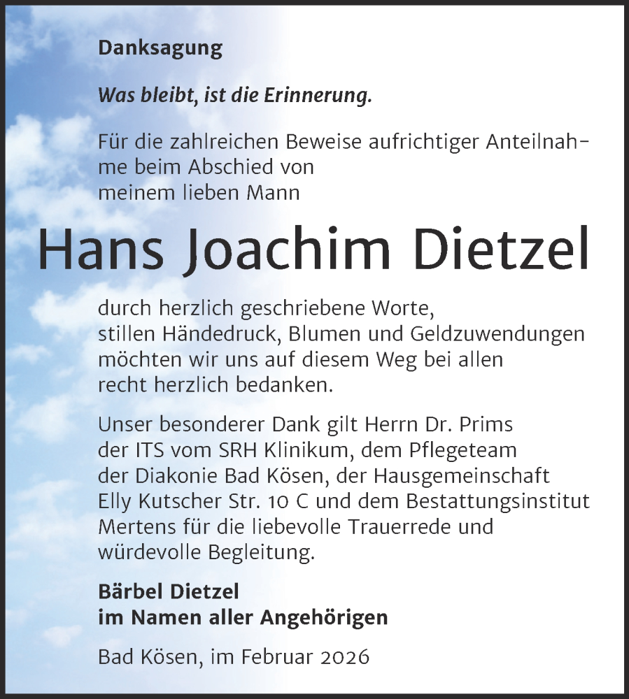  Traueranzeige für Hans Joachim Dietzel vom 14.02.2026 aus Super Sonntag Naumburg/Nebra