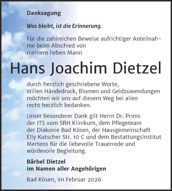Traueranzeige von Hans Joachim Dietzel von Super Sonntag Naumburg/Nebra