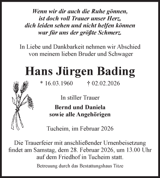 Traueranzeige von Hans Jürgen Bading von Volksstimme Burg/Genthin
