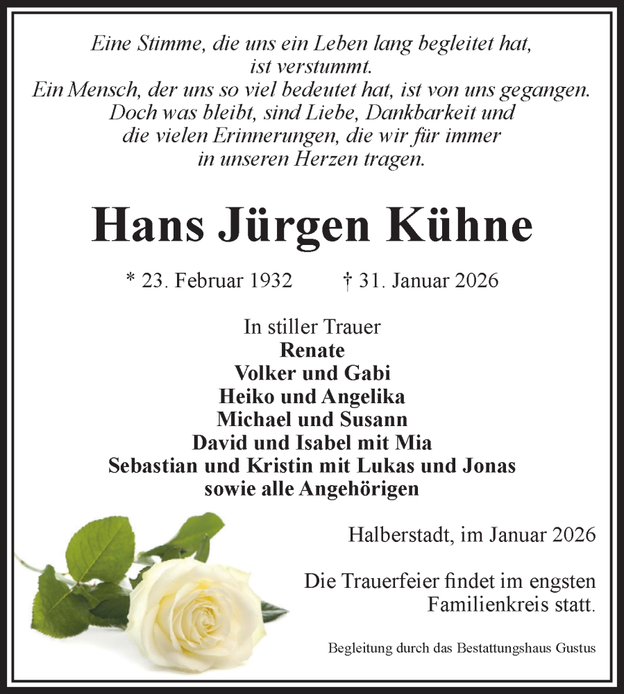  Traueranzeige für Hans Jürgen Kühne vom 14.02.2026 aus Volksstimme Halberstadt