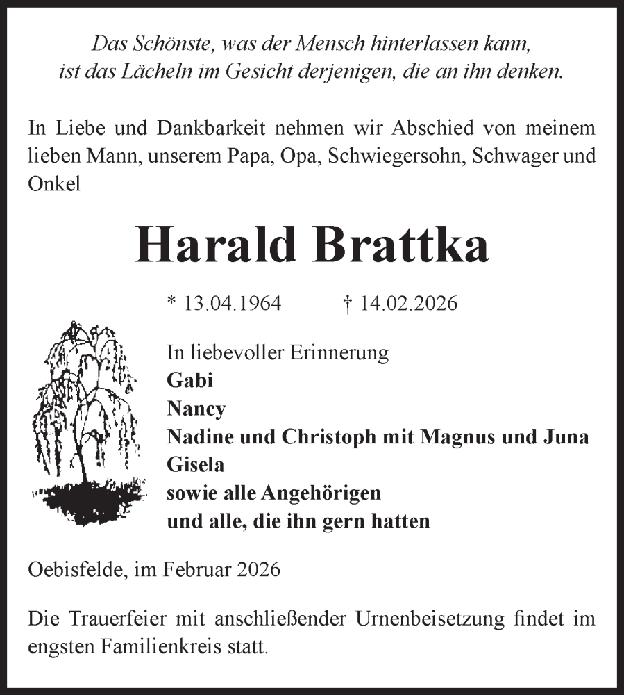  Traueranzeige für Harald Brattka vom 21.02.2026 aus Volksstimme Altmark West