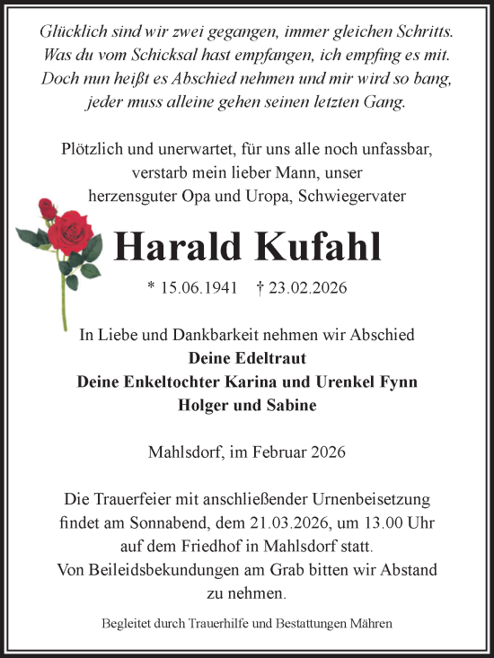 Traueranzeige von Harald Kufahl von Volksstimme Altmark West