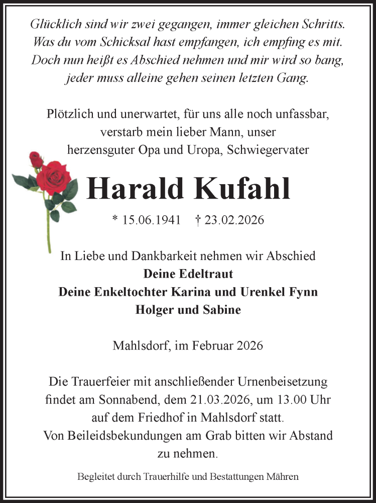  Traueranzeige für Harald Kufahl vom 27.02.2026 aus Volksstimme Altmark West