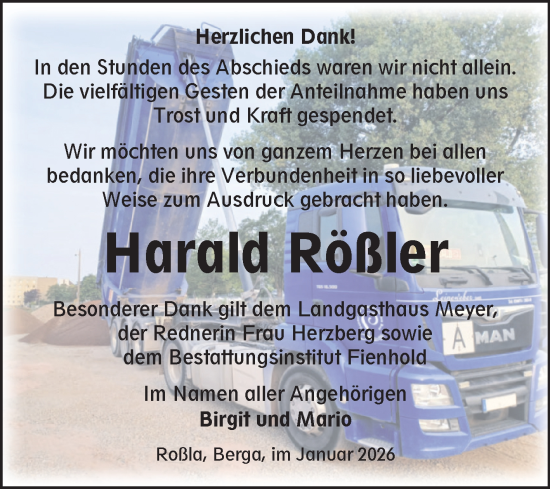 Traueranzeige von Harald Rößler von Trauerkombi Sangerhausen