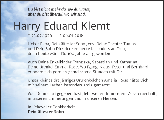 Traueranzeige von Harry Eduard Klemt von Mitteldeutsche Zeitung Merseburg/Querfurt